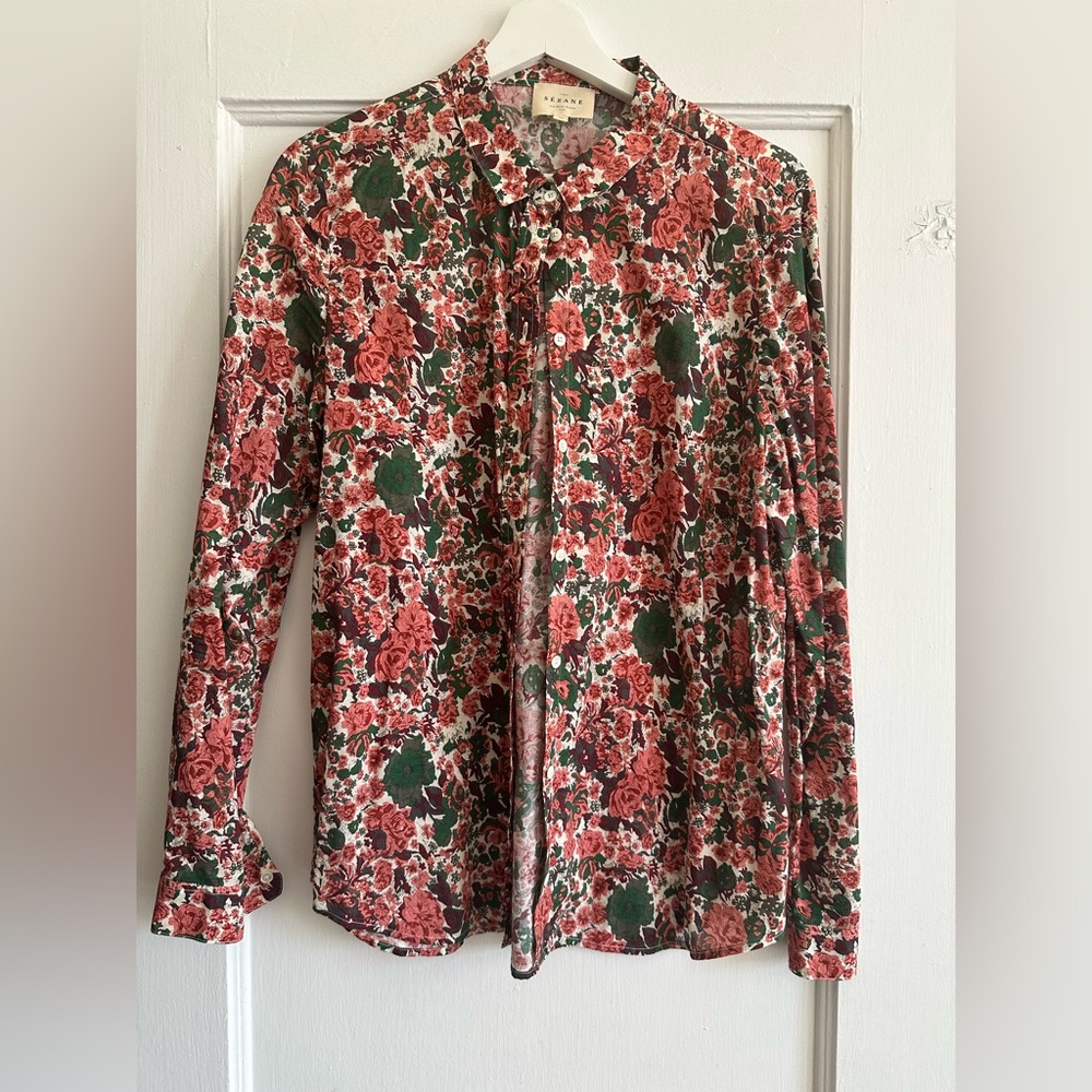 Sezane Pierro Shirt Mini Fleurs Pêche Et Vert - Size 42